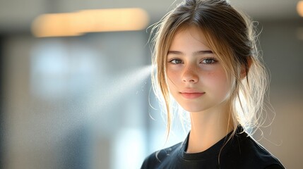 Obraz premium Teen girl portrait, indoor studio, soft light, bokeh background, advertising
