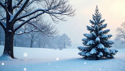 Snowy winter landscape with bare Christmas tree branches and empty space, winter wonderland, christmas tree