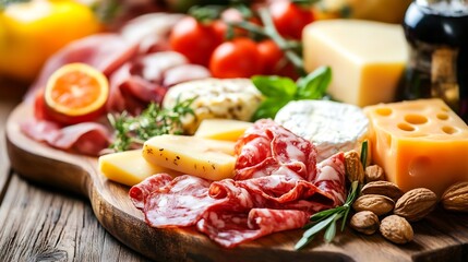 Fototapeta premium Delicious Platter of Charcuterie with Cheeses and Fresh Ingredients : Generative AI