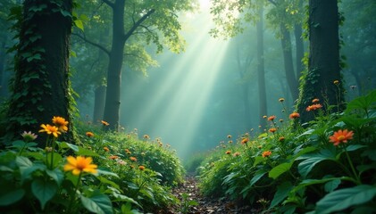 ferns and flowers in a misty forest atmosphere, tree, plant