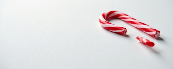 Red and white striped candy cane with subtle shadowing effects on a pristine white surface, sweet indulgences, decorative details, festive treats
