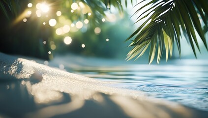 Tropical beach sunrise, palm leaves, soft sand, tranquil water, sunrise bokeh