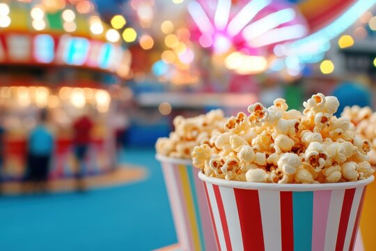 Colorful carnival scene with popcorn and vibrant lights in background