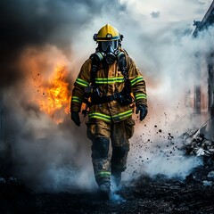 Fototapeta premium A firefighter walks through smoke and flames, showcasing bravery and resilience in a dangerous situation.