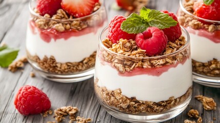 Delicious layered parfait with yogurt granola raspberry and mint for healthy dessert or breakfast : Generative AI