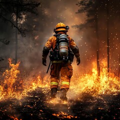 Fototapeta premium A firefighter walks through a blazing forest, embodying bravery and determination amidst a fierce wildfire.