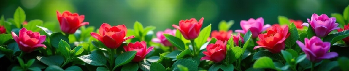 Red and purple flowers peeking through an emerald green leafy cloak, flowers, colorful blooms