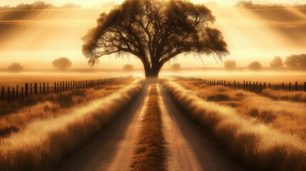 Obraz premium Majestic Tree at Sunset with Golden Light Casting Long Shadows on Rural Pathway