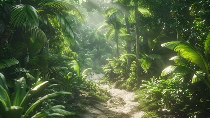 A serene jungle pathway illuminated by soft sunlight, surrounded by lush green foliage. This scene captures the vibrant beauty of nature, perfect for adventure themes.