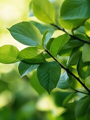 Vibrant Green Leaves with Sunlight Filter Creating a Serene Nature Scene in Summer : Generative AI