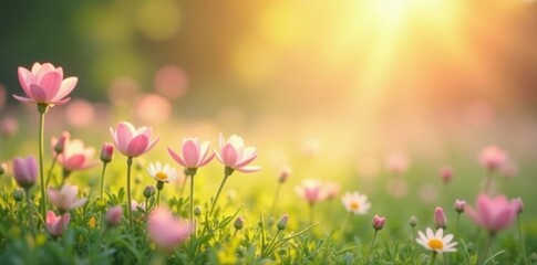 Fototapeta premium Dreamy pastel blossoms, sunlit meadow Soft focus, vibrant colors , stock, art, nature