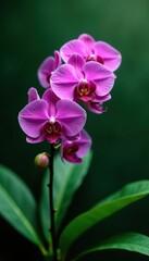 Fototapeta premium Dark green leaves and branch of pink orchids in landscape format, greenery, branches, botanical