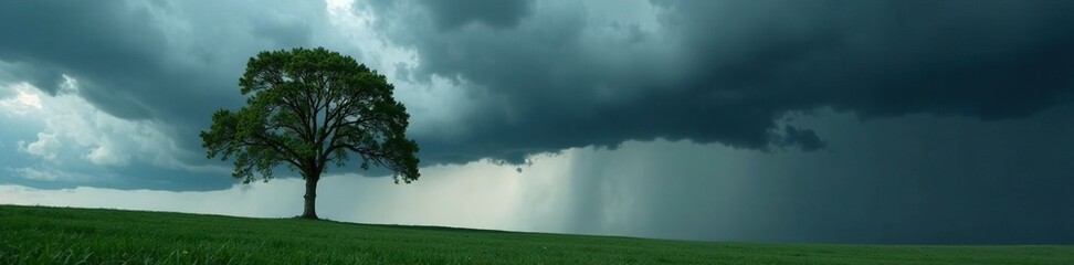Fototapeta premium Dark grey storm clouds gathering above a solitary tree, stormy weather, nature, landscape