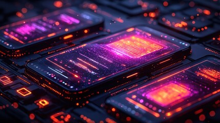 Futuristic Smartphones Displaying Neon Data Streams