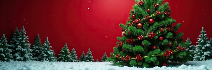 Red and green holly sprigs wrapped around a large evergreen tree against a classic red and green Christmas background, evergreen trees, holly leaves, frosty landscape