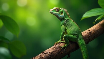 Iguane montant sur un tronc de cocotier avec leaves, tropical, cocotier, trunk