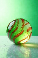 Fototapeta premium Red and green striped glass ball on a frosted white background, green, stripes, glass