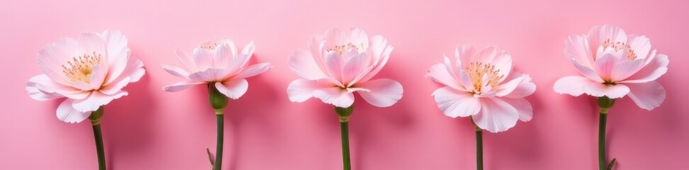 Five delicate pink carnations, soft pink backdrop, petals, feminine, botany