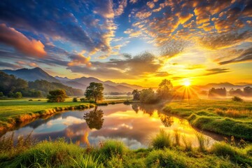 Naklejka premium Serene Sunrise Landscape: Golden Hour Glow Over Tranquil Fields