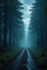 Obraz premium Dark clouds and rain create a mystical atmosphere on a misty forest path, dark skies, trees