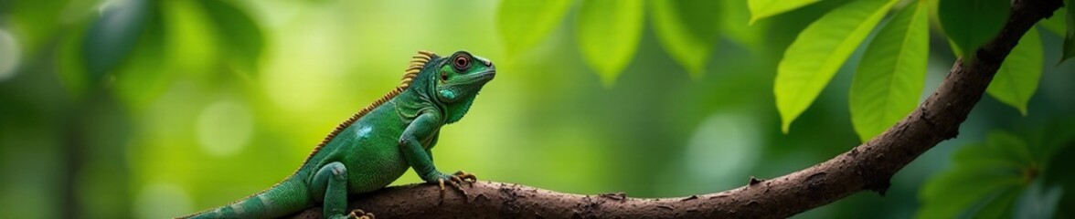 Fototapeta premium Iguane sur un branchage de cocotier avec laves fleuries, tree, green, guadeloupe