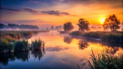 Serene Sunrise Silhouette: Misty River Flowing Through Marshland