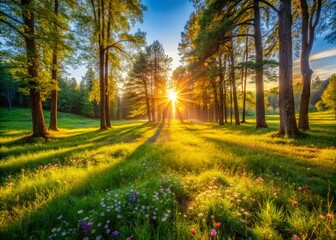 Fototapeta premium Serene Sunset in a Rural Forest: Golden Hour Countryside Landscape