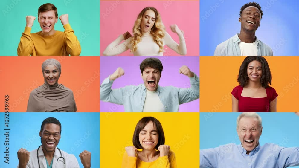 Poster a joyful assembly of diverse adults and children express their triumph through enthusiastic gestures