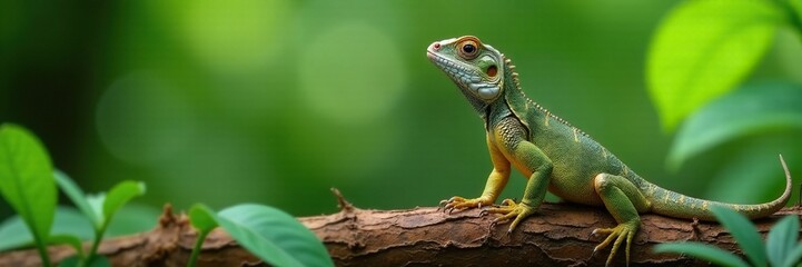 Fototapeta premium Iguane montant sur un tronc de cocotier avec leaves, nature, reptile