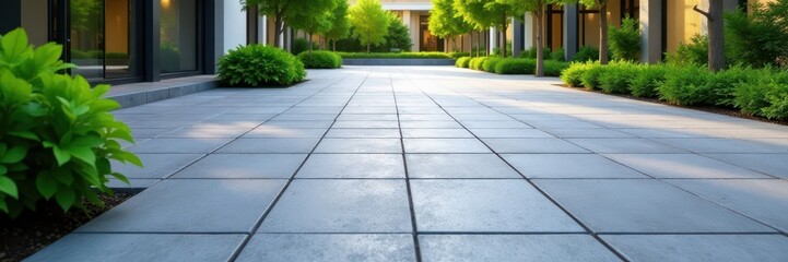 Fototapeta premium Gray concrete pavers arranged in courtyard pattern, paving, stone