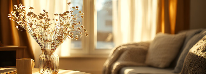 Warm Sunlight Illuminates Dried Flowers in a Clear Vase on a Table near Couch