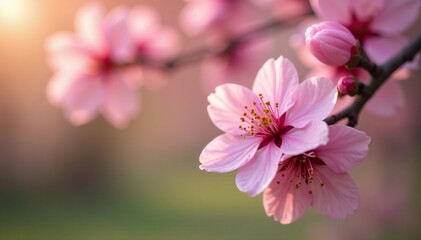 Fototapeta premium Soft focus captures pink flower details on tree branches, flowers, botanical, spring