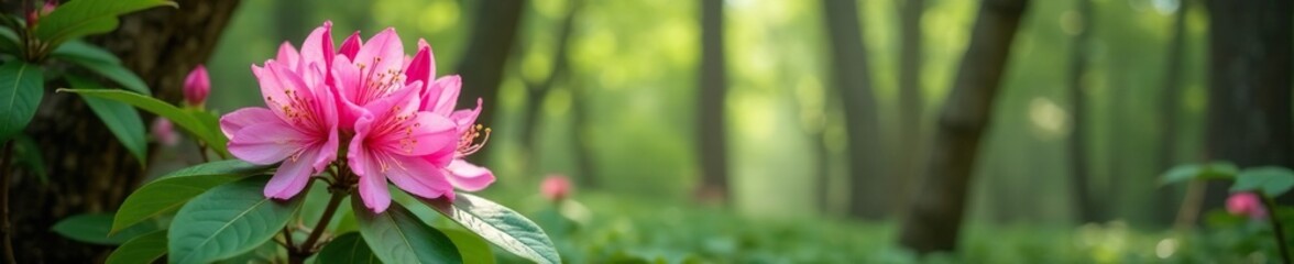 Obraz premium Blooming pink rhododendron in forest undergrowth, flowers, spring