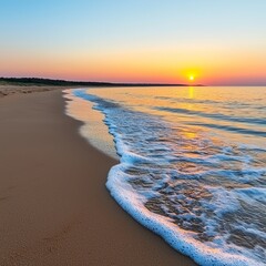 Serene sunset over a tranquil beach with gentle waves lapping at the shore (1)