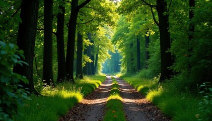 Obraz premium In einem Wald mit dichten B?umen und einer alten Stra?e, Natur, herbst