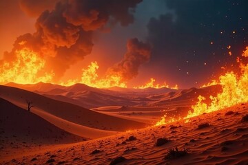Naklejka premium Inferno in a desert landscape, with burning sand dunes, wild, burning, fire
