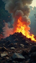 Fototapeta premium Insects swarm above a rotting garbage heap amidst smoke and flames, fire, putrefaction, decay