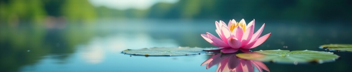 Soft focus water lilies on serene lake background, lake, lily, blue sky