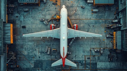A stunning aerial perspective captures a commercial airplane resting on the bustling airport tarmac, surrounded by service vehicles and luggage carts under clear blue skies