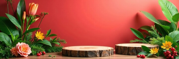 Wooden podiums with lush greenery and flowers against a bold color background, botanical, wooden, floral