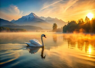 Fototapeta premium Serene Swan at Sunrise: Misty Lake & Mountain Aerial View