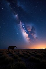Fototapeta premium Streaking comet in vast Texas open range at dusk, stars, landscape, open range