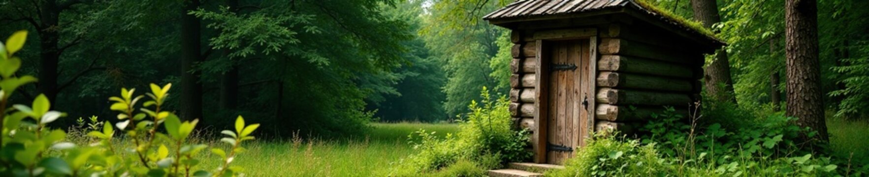 Wooden outhouse with wooden slats and overgrown vegetation, moss, rustic