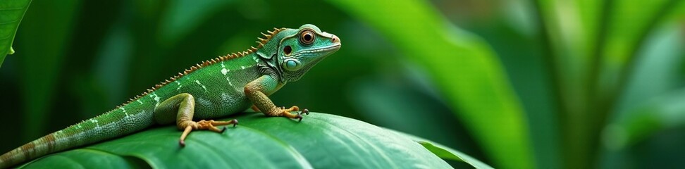 Fototapeta premium Iguane sur les feuilles du bas de un cocotier, tropical, leaves