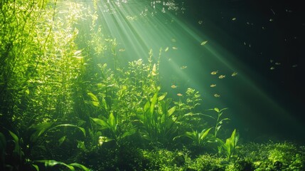 Obraz premium Sunbeams illuminate lush aquarium plants, tiny fish swim in dark background. Possible use for nature-themed decor or education