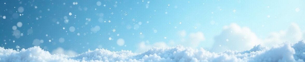 Fototapeta premium Falling snowflakes dance in the pale blue sky, snowfall, icy clouds