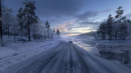 Obraz premium A serene winter landscape featuring an icy empty track alongside a frozen river, surrounded by snow-laden trees and a pastel twilight sky.
