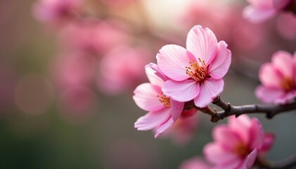 Obraz premium Soft focus captures pink flower details on tree branches, floral, garden flowers, blossoming