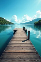 Obraz premium Wooden dock stretches out over still waters under clear sky, stretch, still