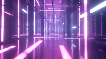 Futuristic neon tunnel with vibrant purple and pink lights reflecting on a polished floor.